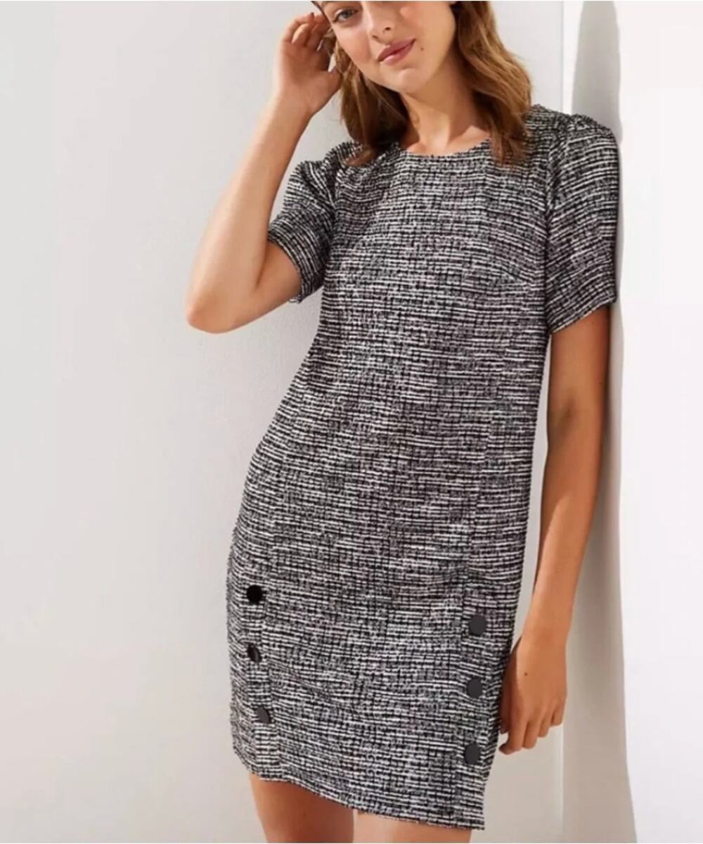 LOFT Tweed Shift Dress Womens 4P Petites Black Buttons Career Work Short Sleeve
